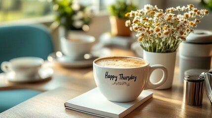 Happy Thursday Coffee Mug with Notebook and Flowers in Bright Workspace