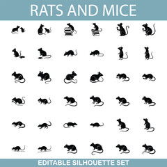 Rodent Silhouette Set Rats, Mice, Editable Vector Icons