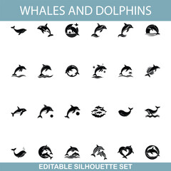 Editable Whale and Dolphin Silhouette Icons Set for Design