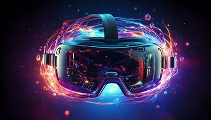 virtual reality headset floating in mid-air, projecting vivid 