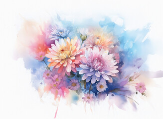 Obraz premium A vibrant watercolor painting showcases a bouquet of chrysanthemums in soft pastel hues, surrounded by a dreamy, abstract watercolor wash. The delicate flowers and painterly style evoke a sense of se