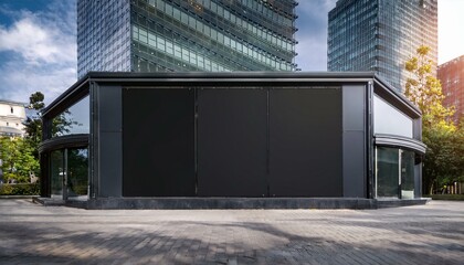 Outdoor mock up, store template, front view black shop facade with windows display. Generated image