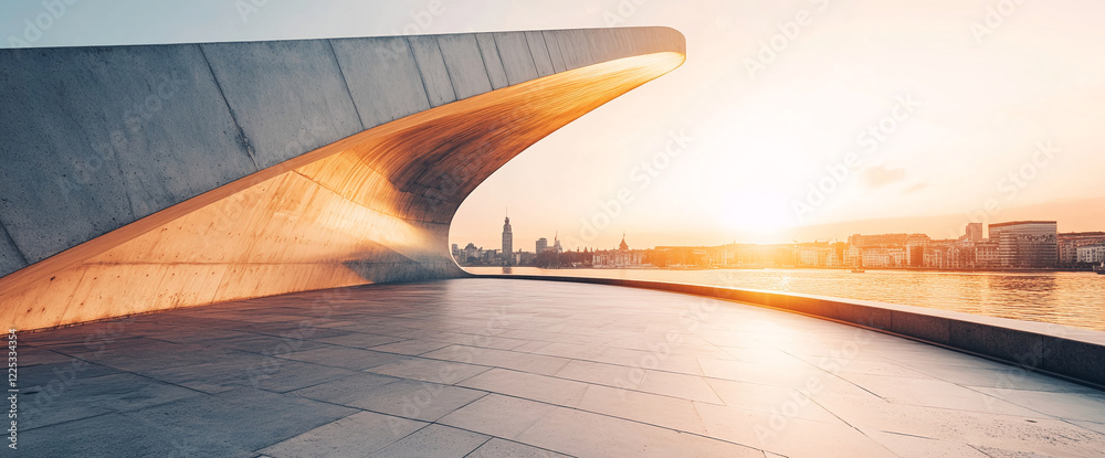 Poster modern architectural structure with curved design illuminated by golden sunlight, overlooking a calm