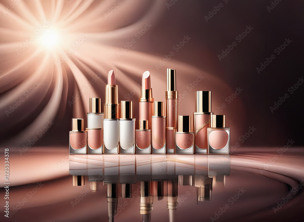 Poster a collection of luxurious cosmetics in various nude shades, elegantly arranged against a radiant, sw