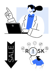 Professional wearing headset pointing upward beside laptop. Magnifying glass on RISK, icons around, bold SALE arrow. Ideal for business, finance, analysis, discounts, solutions planning abstract