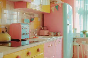 Retro pastel kitchen with vintage appliances and colorful décor