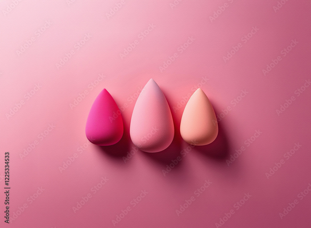 Poster three teardrop-shaped sponges in varying shades of pink and peach rest on a pink background. their s