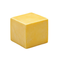 A single cube of pale yellow cheddar cheese is shown against a black background.