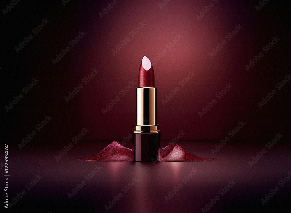 Poster a single tube of dark red lipstick stands upright, a small amount of product visible on its tip. a p