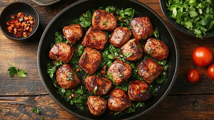 Seared pork with spinach, overhead shot. Delicious recipe for dinner