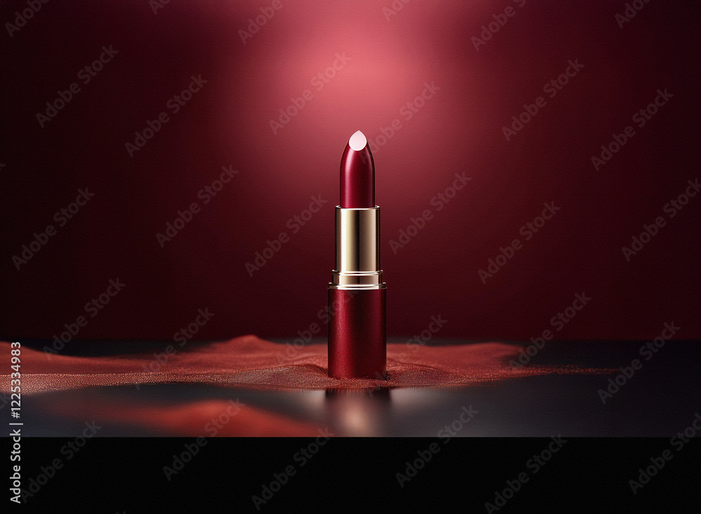 Poster a single tube of dark red lipstick sits on a dark, reflective surface, partially submerged in a pool