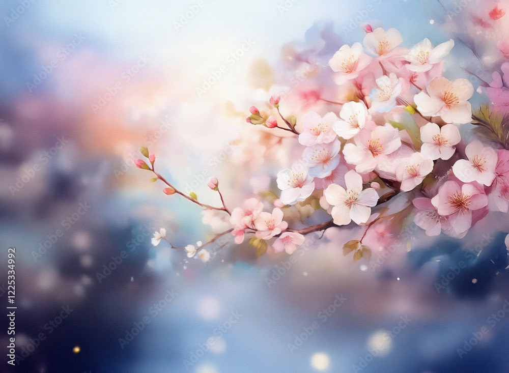 Poster a delicate branch of pale pink blossoms graces a dreamy, sunlit background. soft focus and bokeh eff
