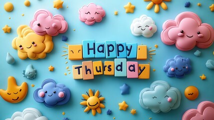 Happy Thursday Text With Cute Cloud And Star Decorations