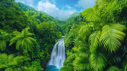 Naklejka premium Lush Rainforest Waterfall Cascading Through Vibrant Greenery Under Tropical Sunlight