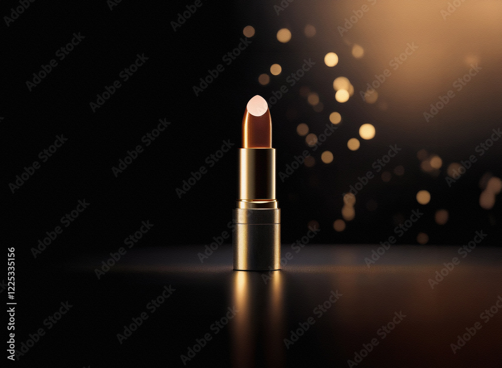 Poster a single tube of lipstick with a gold casing stands on a reflective surface. a soft, warm glow and b