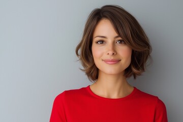Obraz premium Young woman brunette, with natural makeup, with wavy hair in red shirt poses against a grey wall in a casual setting