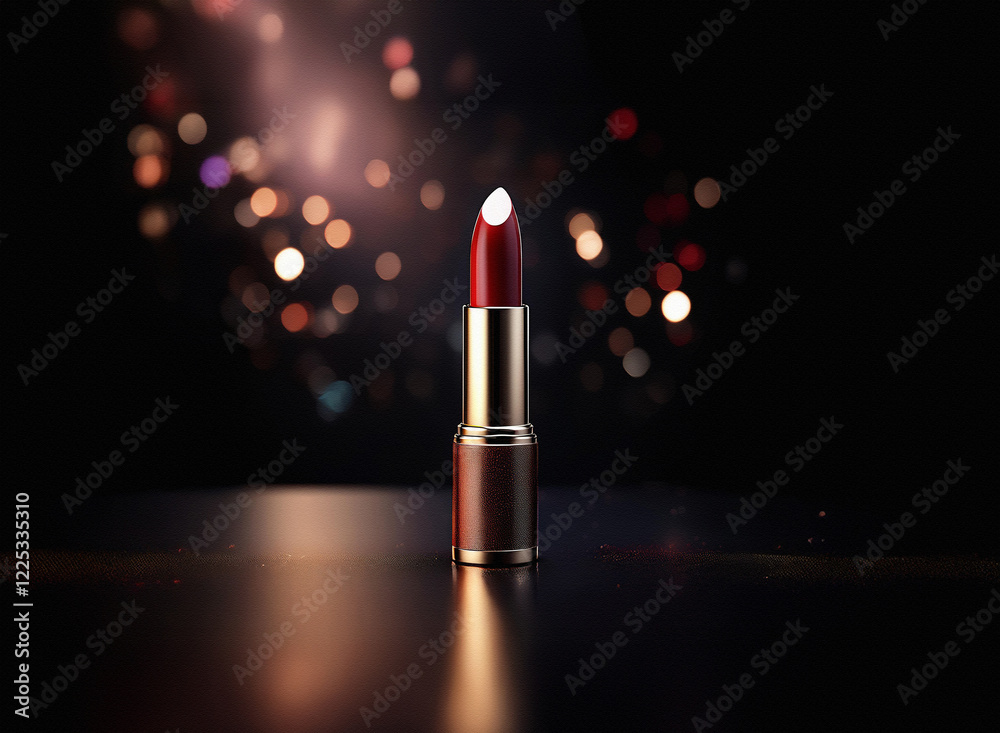 Poster a single tube of dark red lipstick stands on a reflective surface against a bokeh background of warm