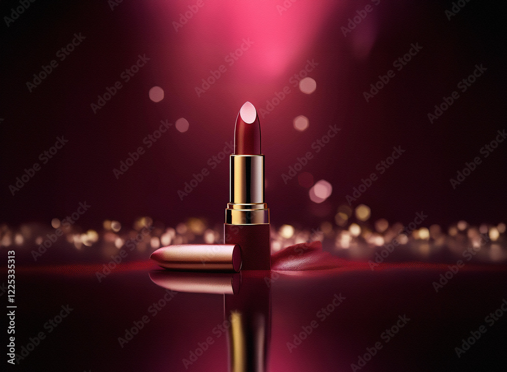 Poster a single lipstick stands upright on a reflective surface, bathed in soft, romantic lighting. gold ac
