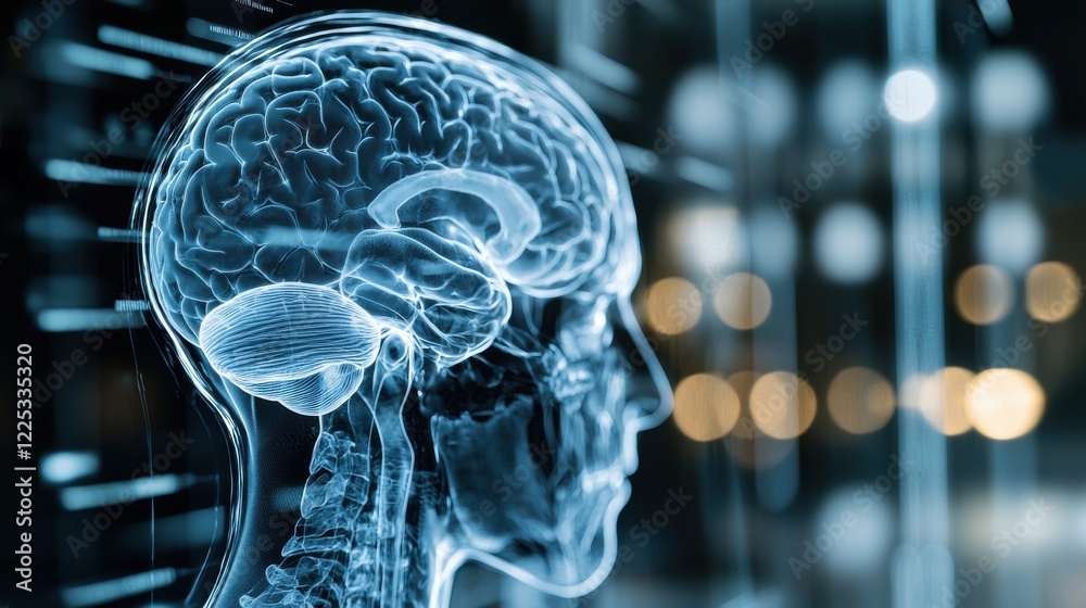 Poster transparent digital brain scan visualization revealing neuron synapses and cerebral cortex