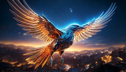 Obraz premium robotic bird soaring over a landscape of chrome and light.- 