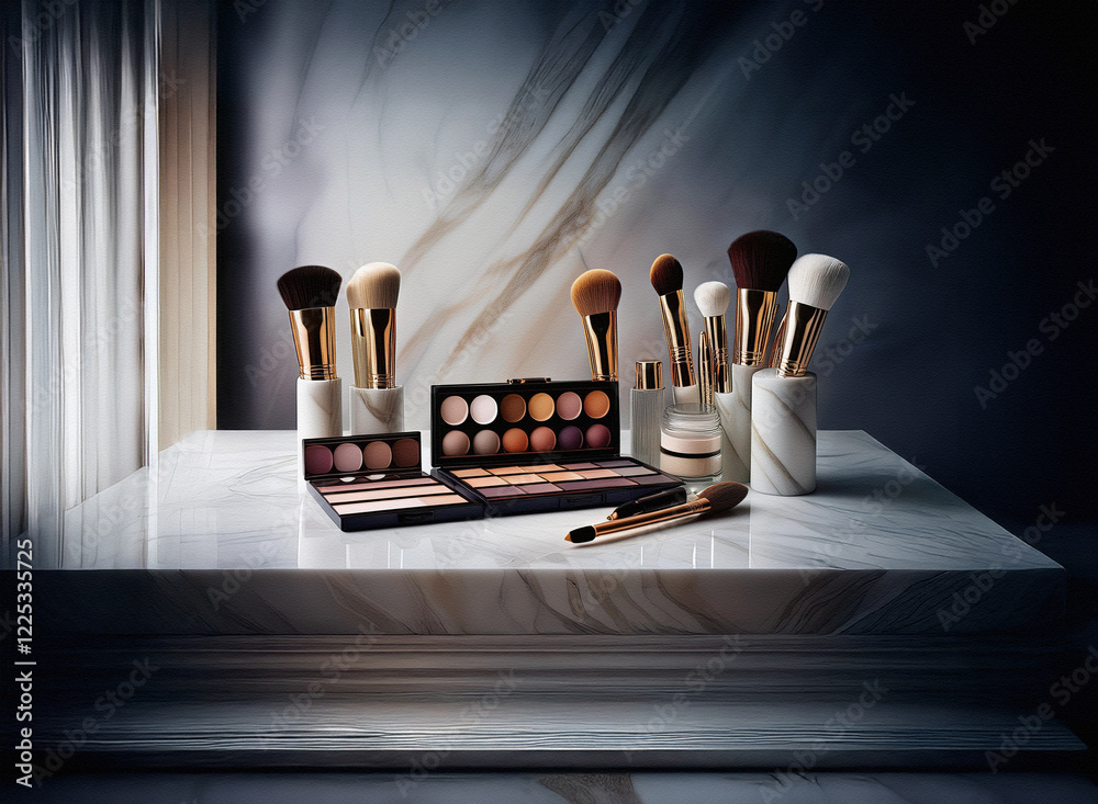 Poster elegant makeup brushes and palettes arranged on a marble surface. luxurious, high-end cosmetics disp