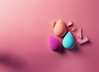 Three colorful teardrop-shaped sponges rest on a pink background, accompanied by smaller triangular pieces.  A minimalist and clean aesthetic.