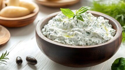 Tzatziki sauce with garlic and dill in a wooden bowl