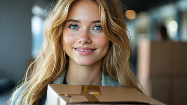 Smiling Woman with Package: A young woman with long blonde hair and blue eyes smiles gently, holding a cardboard box in front of her. The image evokes a sense of happiness and delivery. 