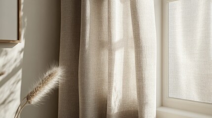 Bright sunlight filters through the beige curtains in the cozy home, creating a serene atmosphere.