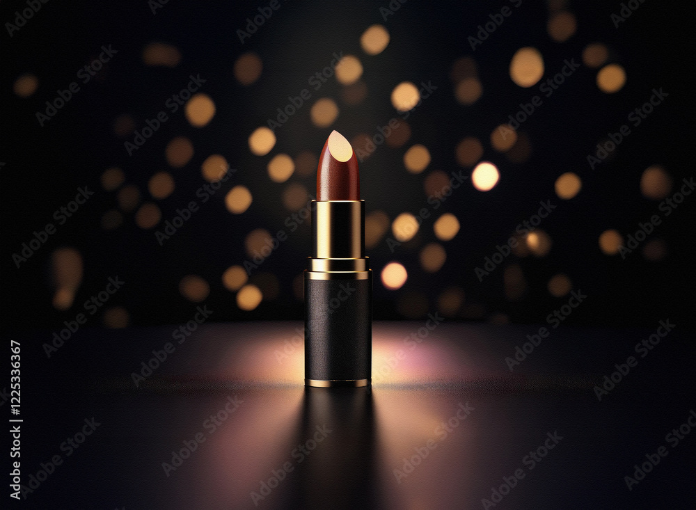Poster a single tube of dark red lipstick stands on a reflective surface, illuminated by soft, warm bokeh l