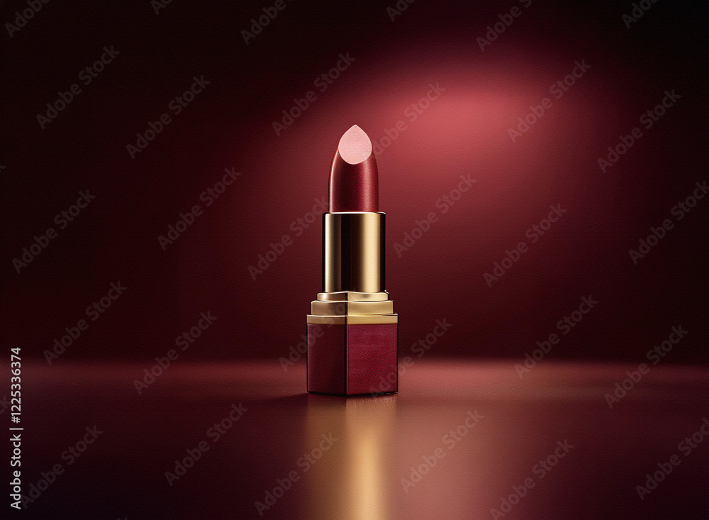 Poster a single tube of dark red lipstick stands on a reflective surface, illuminated by a soft light. the 