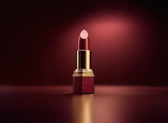 A single tube of dark red lipstick stands on a reflective surface, illuminated by a soft light. The elegant packaging hints at luxury and sophistication.