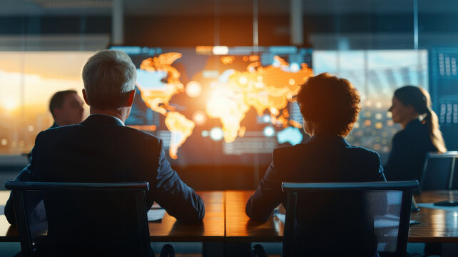 A group of executives in a modern boardroom reviewing global data on a large interactive screen, representing strategy, innovation, and corporate decision making. - Powered by Adobe