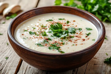 Yoghurt soup with parsley and spices in bowl on wooden table