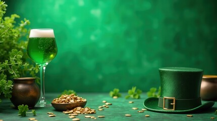 Festive St Patricks Day arrangement with drinks, decorations, and gold