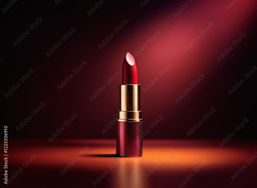 Poster a single tube of deep red lipstick stands in a dramatic spotlight against a dark, moody background. 