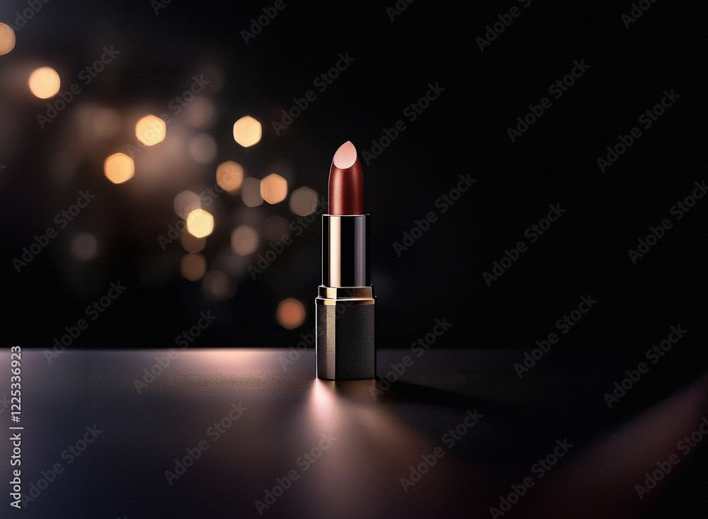 Poster a single lipstick stands on a dark reflective surface, illuminated by warm bokeh lights in the backg