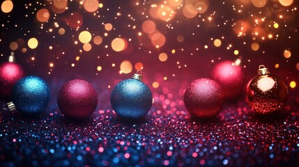 Obraz premium Sparkling Christmas Ornaments In Vibrant Red And Blue Hues Rest On A Glittering Surface, Bathed In Warm, Festive Light. A Magical, Celebratory Scene.