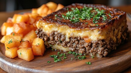 Shepherd's pie, cheesy potatoes, wooden board, restaurant