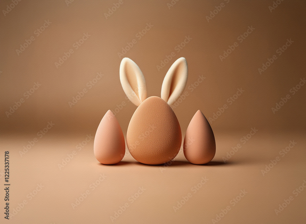 Poster a light brown egg with bunny ears sits between two smaller, teardrop-shaped eggs against a matching 