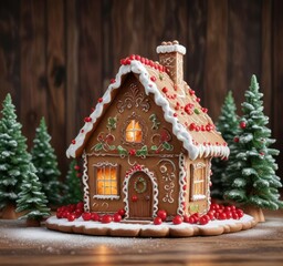 Decorative gingerbread house on a wooden backdrop with spruce and red berries , holiday, festive, berries