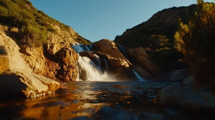 Obraz premium Ethereal Cascade, a mesmerizing waterfall enveloped in golden hour glow, water flowing like silk, captured from a dynamic low angle perspective