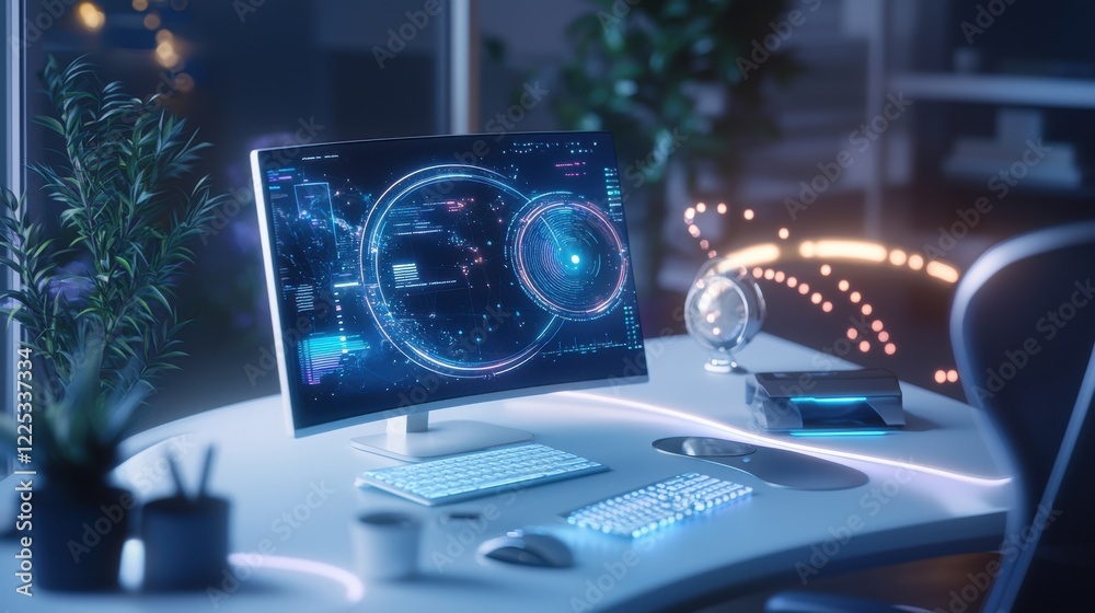 Poster futuristic holographic computer interface with data analytics dashboard