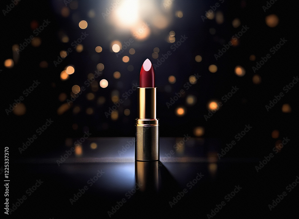 Poster a single tube of dark red lipstick stands elegantly on a reflective surface, illuminated by a spotli