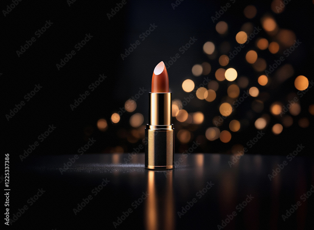 Poster a single tube of lipstick with a dark reddish-brown hue stands on a reflective surface against a bok