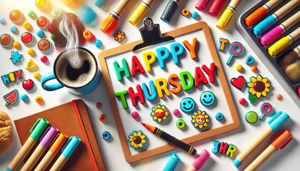 Title: Colorful Happy Thursday Art Desk with Coffee and Supplies