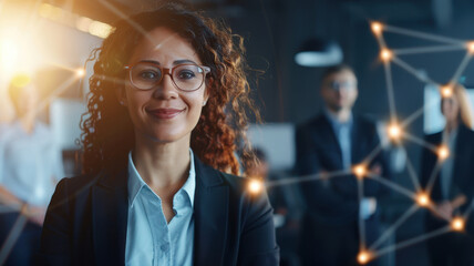 A confident businesswoman stands in a modern office with a glowing digital network overlay, representing leadership, innovation, and professional success,  networking and collaboration