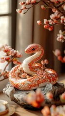 Obraz premium A Beautifully Crafted Orange Snake Figurine Rests On A Stone, Adorned With Delicate Pink Flowers. The Scene Is Bathed In Warm, Soft Light, Creating A Serene And Peaceful Atmosphere.