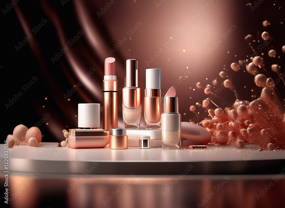 Poster rose gold cosmetic products displayed on a reflective surface with a splash of liquid and a draped f