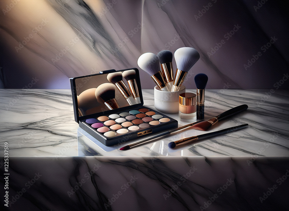 Poster a luxurious eyeshadow palette and a set of makeup brushes rest on a marble surface, reflecting soft 